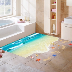 Kreativer 3D Blau Strand Ozeanwelle Bodenaufkleber für Schlafzimmer und Badezimmer