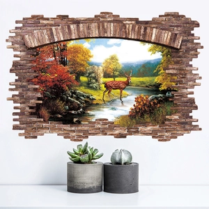 Sticker mural 3D effet brique cassée avec cerf et forêt d'automne pour décoration
