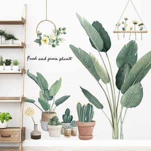 Stickers Muraux en PVC Plantes Vertes Style Nordique Cactus Monstera Feuilles de Bananier Décalcomanies Décoratives pour Salon