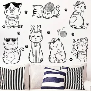 Minimalist black cat wall stickers set with cute cartoon patterns for home decor