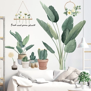 Stickers muraux de plantes vertes fraîches et succulentes en pot pour salon de style scandinave