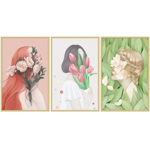 Three-piece set of modern minimalist female illustration wall art with golden metal frames