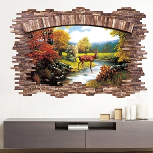 Sticker mural 3D effet mur brisé avec cerfs de forêt d'automne pour le salon
