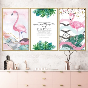 Three-piece Nordic flamingo and tropical leaf framed wall art set in brushed gold frames