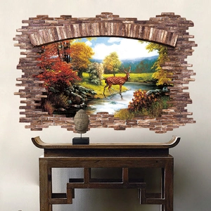 Sticker mural 3D avec paysage de forêt et cerf d'automne dans une arche de briques