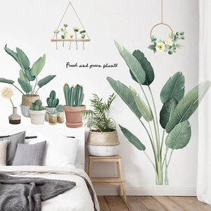 Stickers muraux de feuilles tropicales et plantes en pot pour déco maison fraîche
