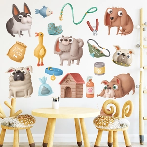 Cartoon dog wall stickers set with pets and dog food accessories for kids room decor