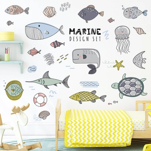 Marine animals wall stickers set with whales and turtles for kids room decoration