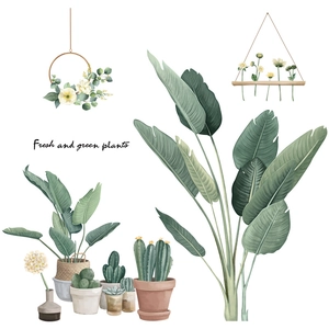 Stickers muraux de plantes en pot et feuilles vertes aquarelle pour décoration d'intérieur