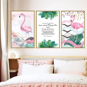 Three-piece flamingo and tropical leaves wall art set with pink frames for bedroom decor