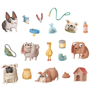 Cartoon dog wall stickers set with various pet breeds and cute supplies for nursery decor