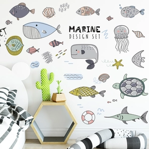 Self-adhesive ocean theme wall decals with cartoon whales and turtles for kids room