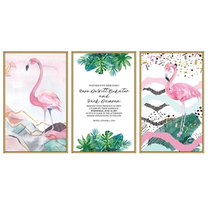Tropical flamingo wall art set with monstera leaves and golden frames for home decor