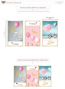 Detail view of pink balloon and bicycle PVC wall stickers with size and layout dimensions