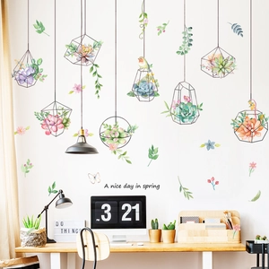 Watercolour succulent wall stickers with hanging geometric pots and green leaves decor