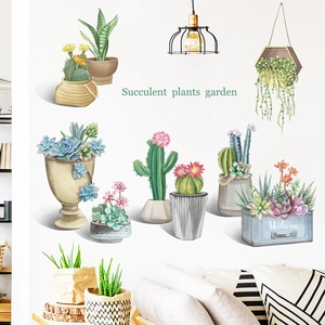 Nordic style watercolor succulent plant wall stickers with Welcome text for home decor