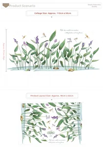 Detail of watercolor dragonfly and lavender wall sticker with layout dimensions