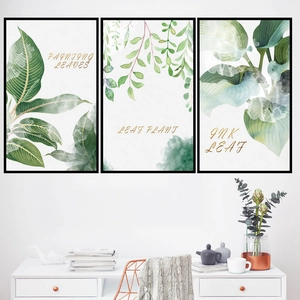Set of 3 Nordic green leaf wall art frames for living room with minimalist tropical plant prints