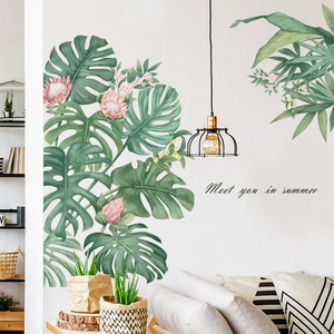 Tropical monstera leaf wall stickers with pink flowers and Meet You in Summer text