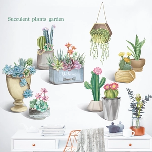Watercolor succulent wall decals with potted cactus and green plants for home wall decor