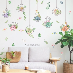 Fresh watercolor succulent wall stickers with hanging plants and birds for living room decor