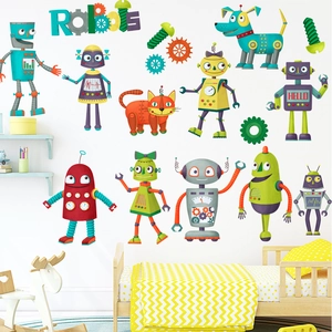Ensemble de stickers muraux robots colorés avec engrenages pour décor de chambre d'enfant