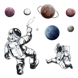 Astronaut wall decals with colorful planets for kids room decor in cartoon space style