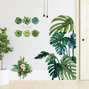 Sticker Mural Feuille de Monstera et Succulentes en PVC Amovible Décoration Murale Plantes Vertes Pour Salon Maison