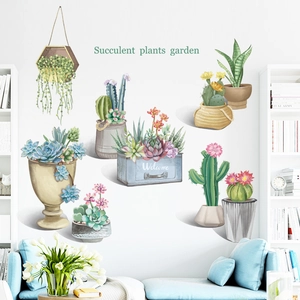Self-adhesive succulent plant wall stickers with various potted cactus and greenery