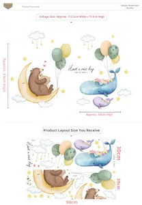 Detailed dimensions of watercolor whale and bear wall stickers for kids rooms