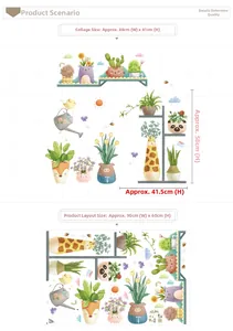 Vue détaillée des stickers muraux en PVC avec animaux de dessin animé et plantes vertes