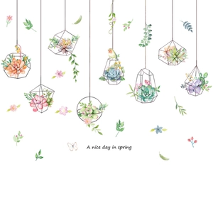 Watercolor hanging succulent wall stickers with butterflies and floral decoration