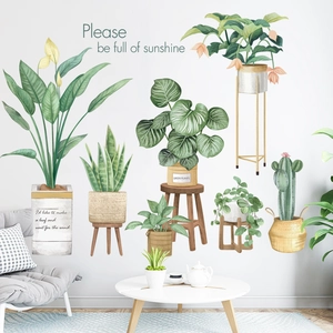 Tropische Grünpflanzen Wandtattoo mit Aquarell Monstera und Kaktus für moderne Deko