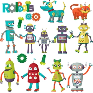 Stickers muraux robots colorés pour chambre d'enfant avec motifs mignons de chien et chat