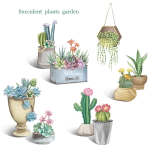 Watercolor succulent plant stickers featuring cactus and assorted pots on white background