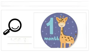 Détail de l'autocollant étape bébé 1 mois avec girafe jaune et fond violet étoilé scintillant