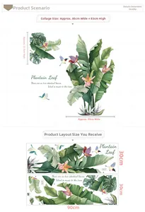 Detail of tropical banana leaf wall stickers with watercolor floral and bird designs