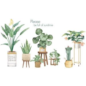 Tropische Grünpflanzen Wandsticker mit Aquarell Monstera und Kaktus für Schlafzimmer Deko