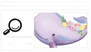 Close-up of a purple watercolor whale wall sticker with colorful floral details