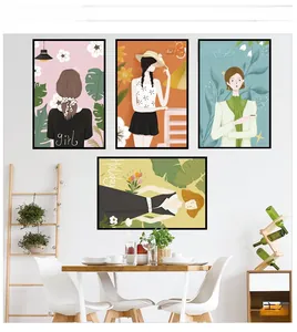 Vierer-Set moderner Wandbilder mit stilvollen Mädchenmotiven und Pflanzenelementen