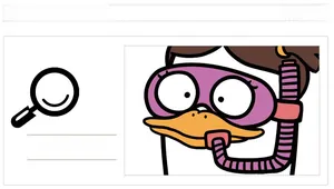 Detail of cartoon duck sticker with purple goggles and snorkel for bathroom decor