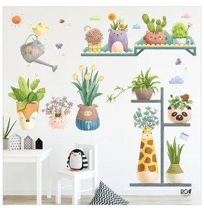 Stickers muraux animaux et plantes en pot avec renard et lapin pour déco chambre enfant