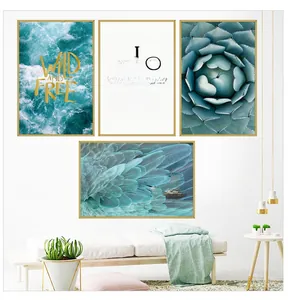 Detail showing modern 4-piece framed wall art set with sea waves and botanic patterns