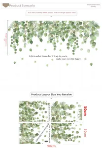 Detail view of hanging green leaves wall stickers with dimensions and layout sizes