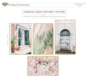 Detail of four-piece PVC wall decals featuring Mediterranean architecture and pink flowers