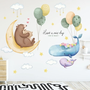 Cartoon wall stickers with moon, bears and whales for kids room nursery wall decoration