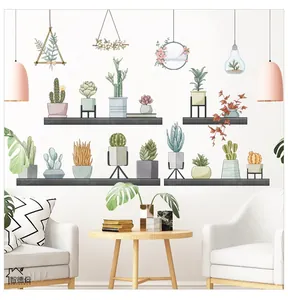 Modern watercolor succulent wall stickers displayed in a minimalist white living room scene