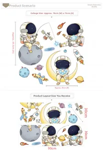 Cartoon astronaut wall sticker layout and dimensions showing finished size 78x75cm