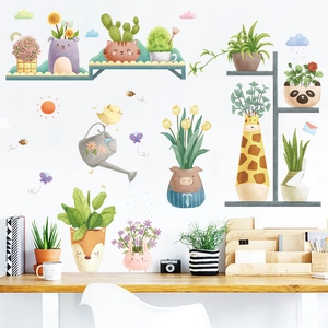 Stickers Muraux Plantes en Pot Animaux Dessin Animé PVC Auto-adhésif Imperméable Plantes Vertes Tropicales Décor Enfants