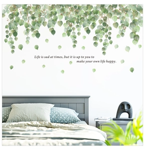 Detail of green eucalyptus leaves wall decal with inspirational life quote sticker